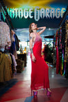 Silver and red beaded vintage gown