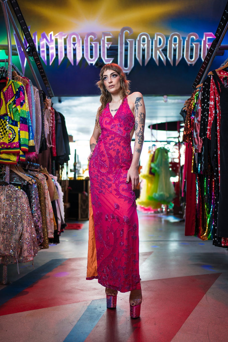 Floral fuchsia vintage beaded gown