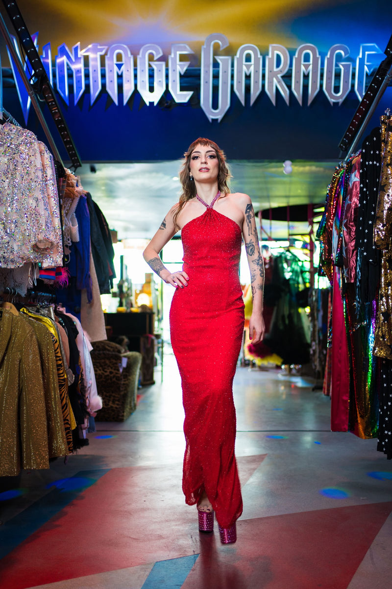 Red beaded halter neck gown