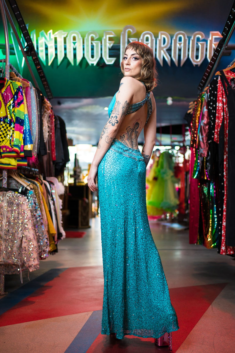 Blue beaded vintage gown