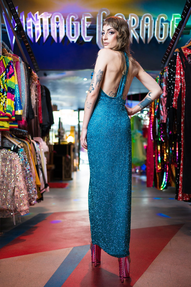 Teal Blue Halter Neck Vintage Gown